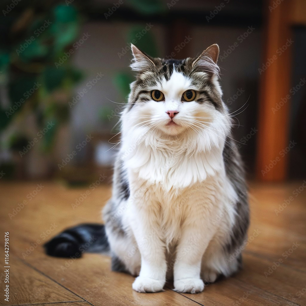 Elegant Gray and White Long-Haired Cat Sitting on a Wooden Floor Indoors Elegant Gray and White Long-Haired Cat Sitting on a Wooden Floor Indoors