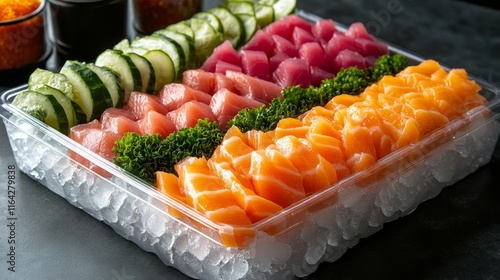 Fresh sushi platter featuring vibrant salmon, tuna, and vegetables arranged b...