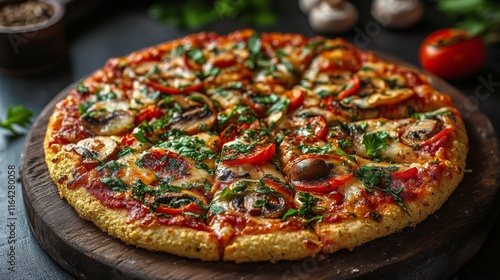 Freshly baked vegetarian pizza topped with mushrooms and fresh herbs on woode...