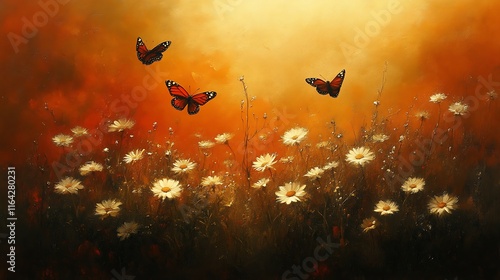 Wallpaper Mural Three Monarch Butterflies Above Golden Daisies Field Torontodigital.ca