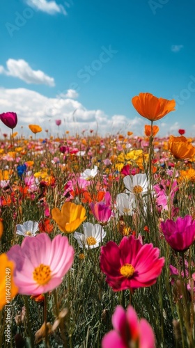 Vibrant wildflower field blooms under bright blue sky in spring