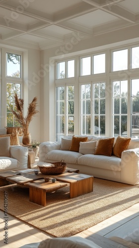 Cozy living room with large windows showcasing beautiful nature in daylight