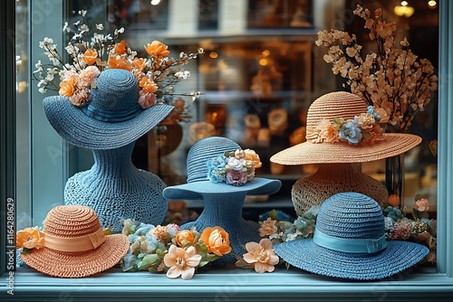 Elegant summer hats adorned with pastel flowers displayed in a charming shop window