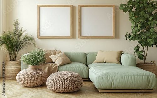 Modern living room interior with pastel green sectional sofa, two blank frames, woven poufs, and plants.