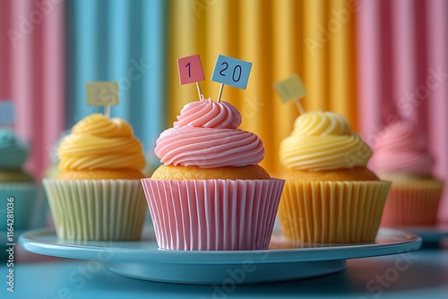 Colorful pastel cupcakes with number flags celebrating a 120th birthday or anniversary. photo