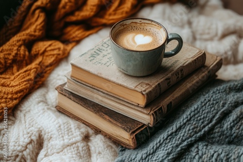 Cozy setting with a floral mug of coffee on top of vintage books during the a...