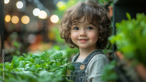 Smiling child in garden surrounded by plants during daylight while watering g...