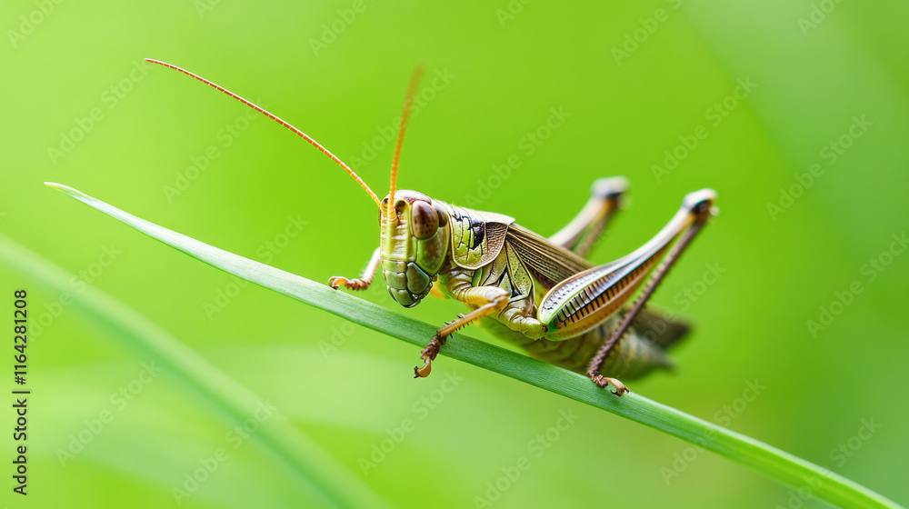Grasshopper resting on green leaf close-up on a vibrant spring day Grasshopper resting on green leaf close-up on a vibrant spring day