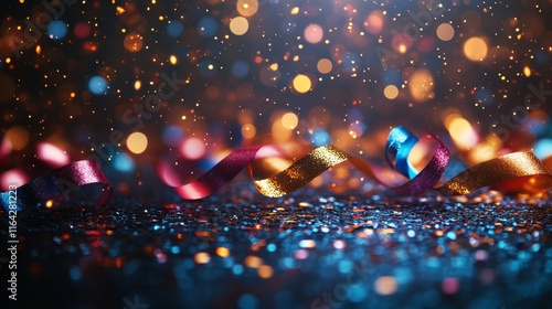 Colorful confetti falls onto a shimmering surface during a celebration in a d...