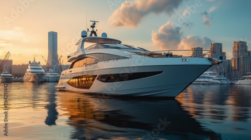 Luxury yacht anchored at sunset in a serene marina