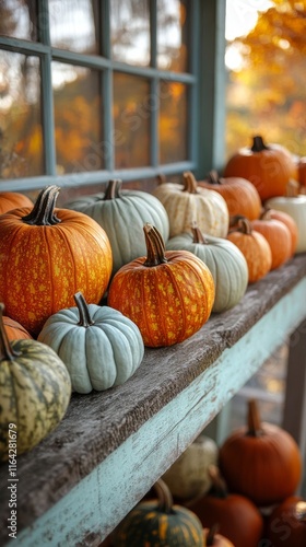 Colorful display of various pumpkins in a rustic setting for autumn decorations