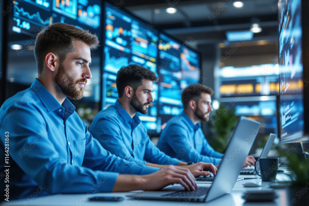 Team of professionals analyzing data on multiple screens in a modern office environment. Team of professionals analyzing data on multiple screens in a modern office environment.