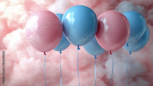 Colorful balloons floating in a dreamy background with soft clouds