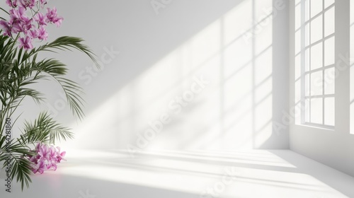 Abstract white studio background for product presentation. Empty room with shadows of window and flowers and palm leaves . 3d room with copy space. Summer concert. Blurred backdrop