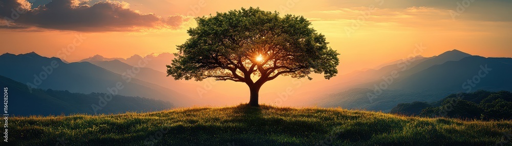 Obraz premium A majestic tree stands alone on a hill, silhouetted against a vibrant sunset, surrounded by rolling mountains and lush greenery.