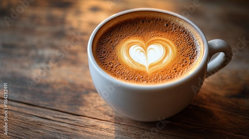Warm coffee cup with latte art sitting on wooden table in a cozy cafe during ...