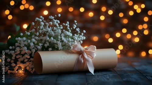 Celebratory diploma with flowers and twinkling lights creating a festive atmo...