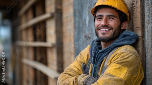Smiling construction worker in hard hat stands confidently at building site