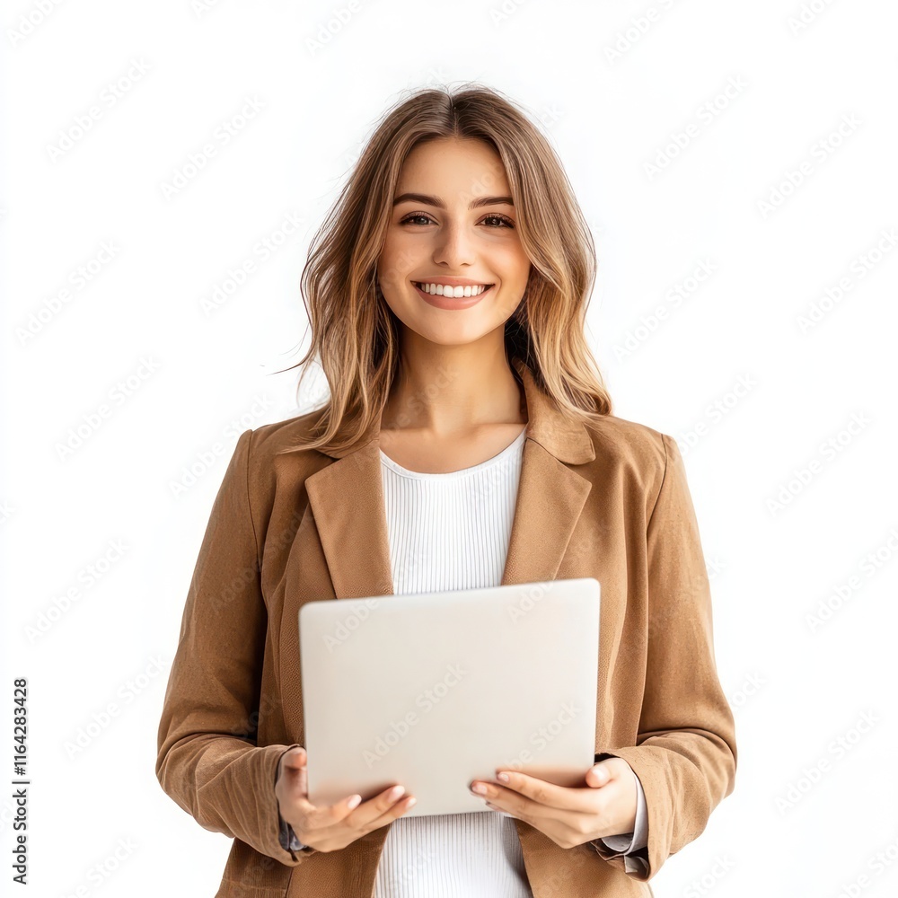 Young smiling happy fun cheerful successful with laptop Isolated on White Background Generative AI Young smiling happy fun cheerful successful with laptop Isolated on White Background Generative AI
