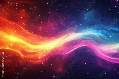 Colorful cosmic swirl with vibrant shades of orange pink and blue in a starry...