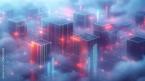 Wallpaper Mural Futuristic city skyline above clouds, glowing neon lights, digital network. Torontodigital.ca