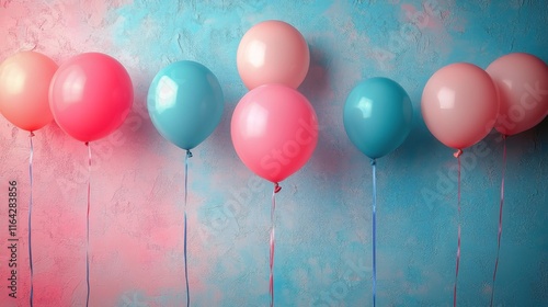 Colorful balloons floating in a dreamy background with soft clouds