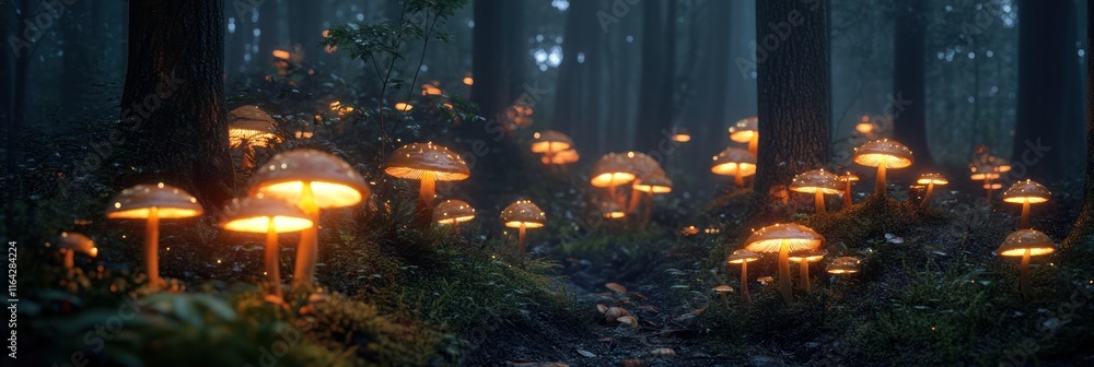 Glowing Mushrooms Illuminate A Dark Forest Path Glowing Mushrooms Illuminate A Dark Forest Path