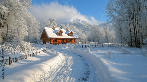 Cozy log cabin surrounded by snow-covered trees on a winter day in a secluded...
