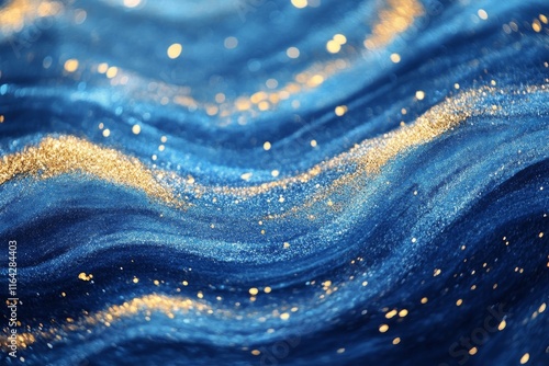 Glittering waves of blue shimmer in abstract design with golden accents