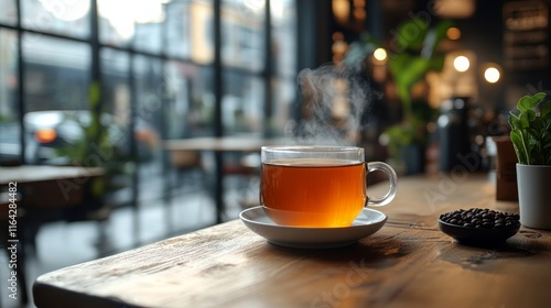 Freshly brewed tea served in a glass cup with coffee beans on a wooden table
