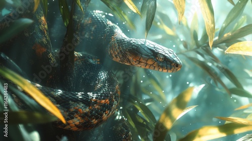 Close-up view of a snake resting on a tree branch in sunlight during late aft...
