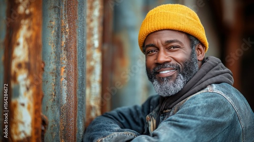 Smiling construction worker in hard hat stands confidently at building site