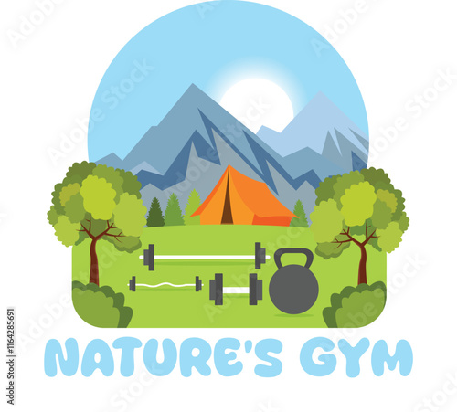 Nature's Gym No Membership Required Funny Adventure Hiking Outdoor Gift Print Graphics and Template For Print On Demand Business and Printing Industry.