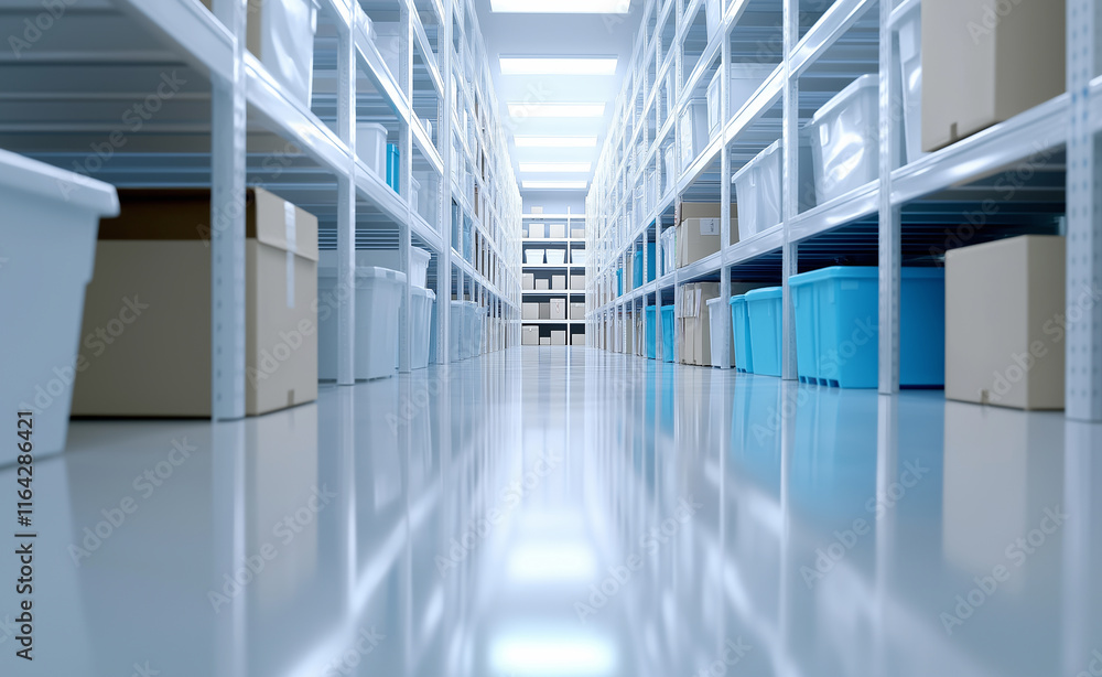 A clean, organized storage room with white containers on metal shelves, illuminated by bright overhead lighting. A clean, organized storage room with white containers on metal shelves, illuminated by bright overhead lighting.