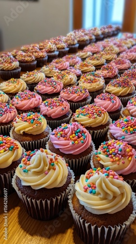 Colorful variety of cupcakes displayed at a festive gathering in a cozy setting
