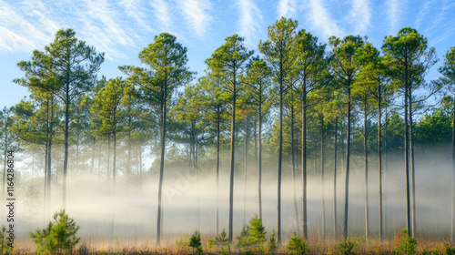 Tall pine trees in misty forest with blue sky and clouds