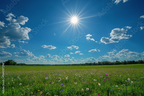 Bright flowers bloom in a vibrant field under a clear blue sky during a sunny...