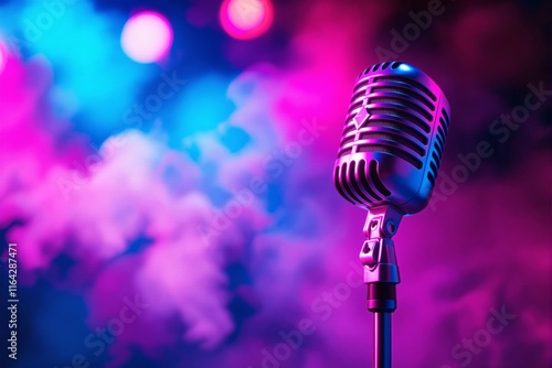 Retro-style microphone in vibrant pink and blue lighting with a smoky, colorful background.