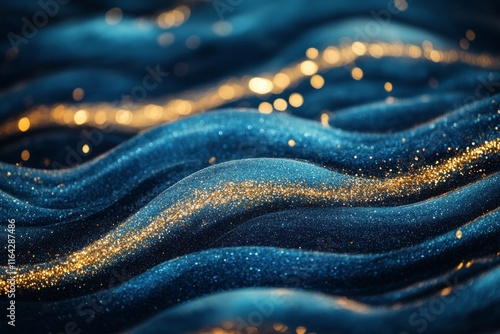 Glittering waves of blue shimmer in abstract design with golden accents