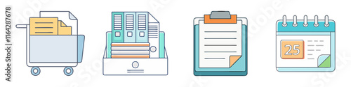Illustration of Office Filing and Organization Tools - A vector illustration showcasing office essentials: document cart, file organizer, clipboard, and desk calendar in clean and colorful designs.