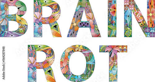 Words BRAIN ROT in the style of abstract hand drawing. Letters with ornament