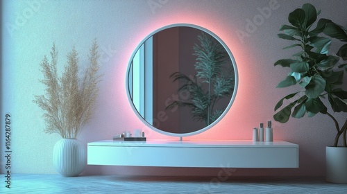 Unique circular mirror with reflective surface showcasing scenic background o...