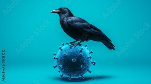 Bird flu mutation avian virus. Black raven perched on a blue virus sphere against a turquoise background.