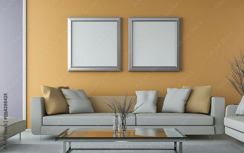 Fototapeta premium Modern living room interior with beige sofa, glass coffee table, and two blank frames on mustard yellow wall.