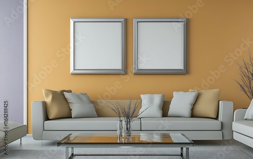 Modern living room interior with beige sofa, glass coffee table, and two blank frames on mustard yellow wall.
