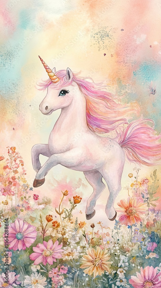 Fototapeta premium Magical Unicorn Leaping Through A Pastel Flower Meadow