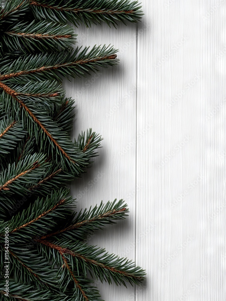 A close up of a christmas tree branch on a white wooden surface A close up of a christmas tree branch on a white wooden surface