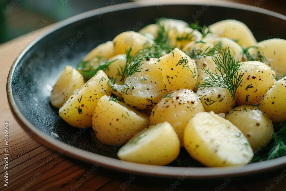 Deliciously seasoned boiled potatoes with fresh dill and spices in a black bowl. Deliciously seasoned boiled potatoes with fresh dill and spices in a black bowl.