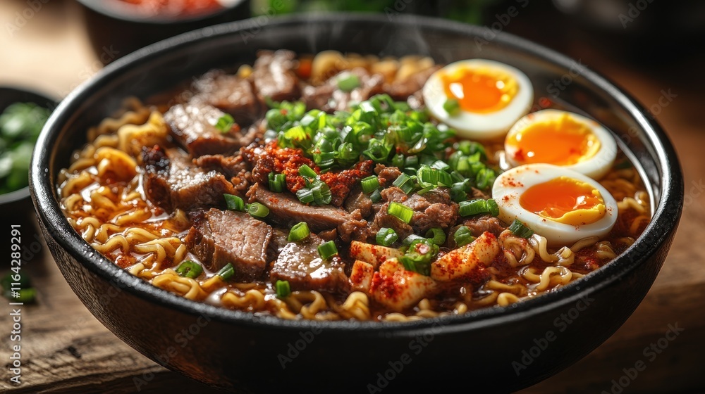 A steaming bowl of ramen topped with meat, green onions, and soft-boiled eggs. A steaming bowl of ramen topped with meat, green onions, and soft-boiled eggs.