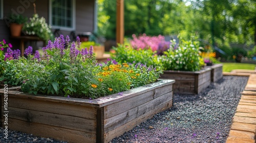Beautiful garden beds filled with fresh herbs and vegetables in a sunny backy...
